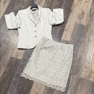 Tahari Cream Laced Skirt Set with Buttoned Jacket
